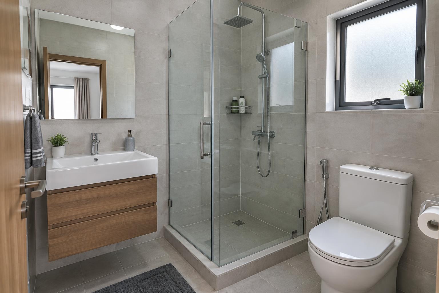 Modern bathroom with glass shower, wooden vanity and toilet