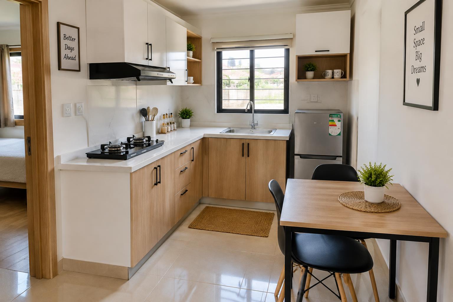Compact fitted kitchenette with gas cooker, sink, fridge and small dining table