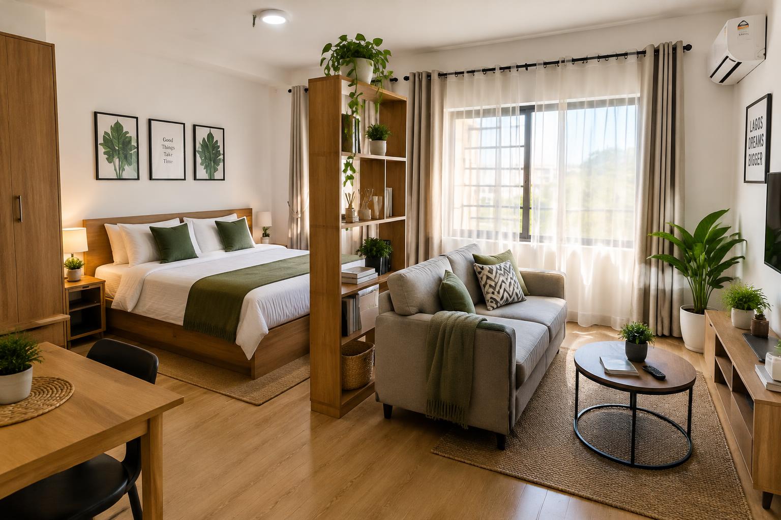 Bright studio apartment interior with double bed, shelf divider and sofa