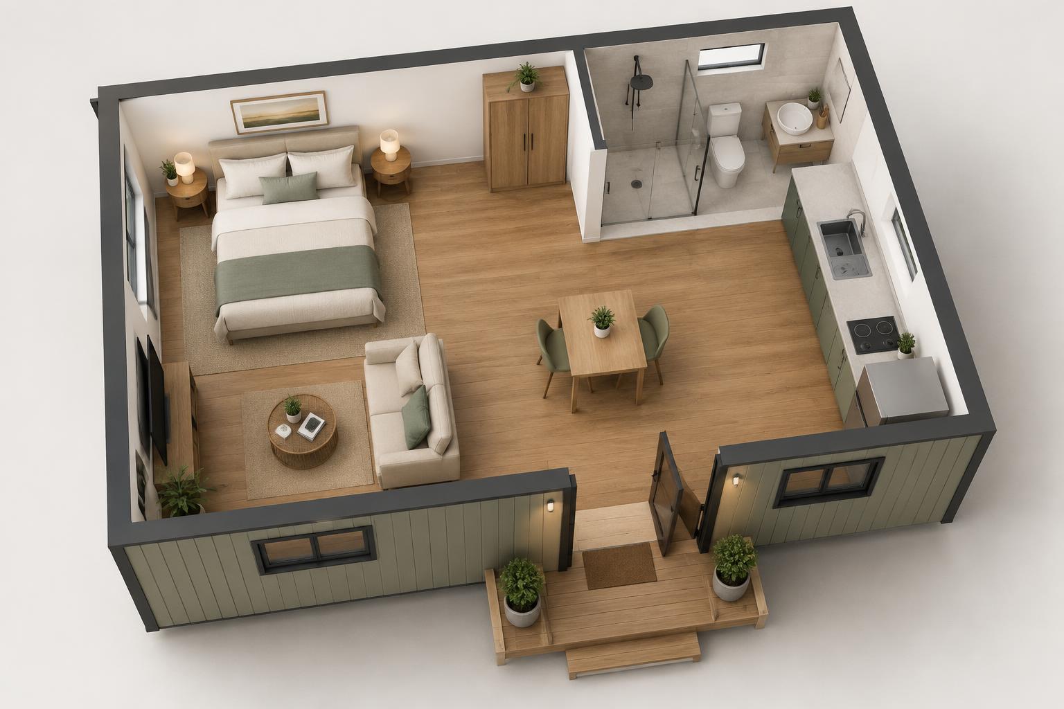 3D cutaway floor plan of a Seraphshome studio apartment showing bed, lounge, dining table, kitchenette and bathroom